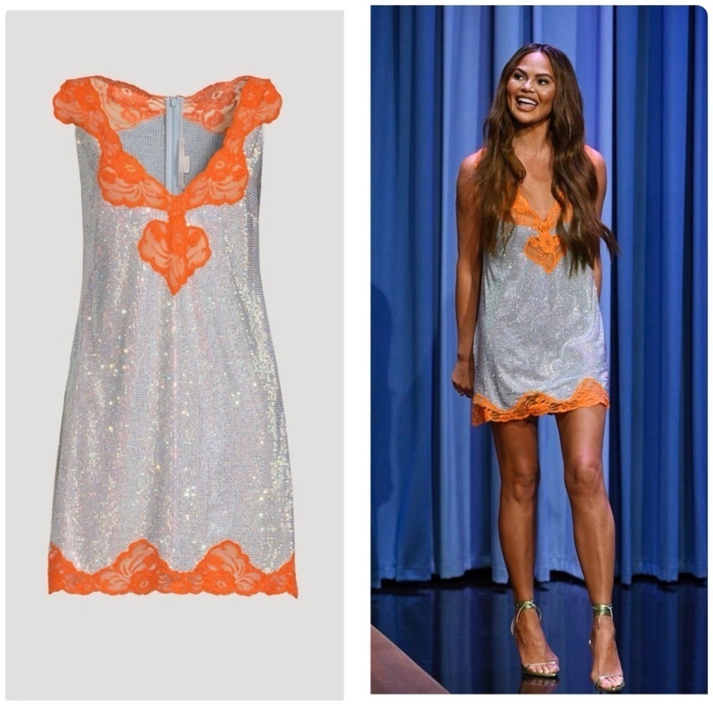 New STELLA MCCARTNEY Sequin Crystal Embellished Lace Panel Slip Dress